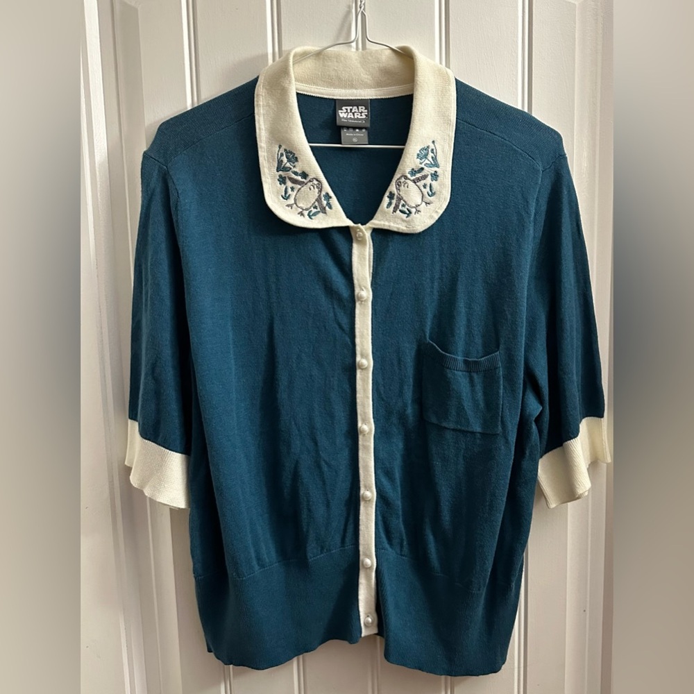 Her Universe Teal and White Short Sleeve Cardigan with Embroidered Collar - Picture 2 of 9